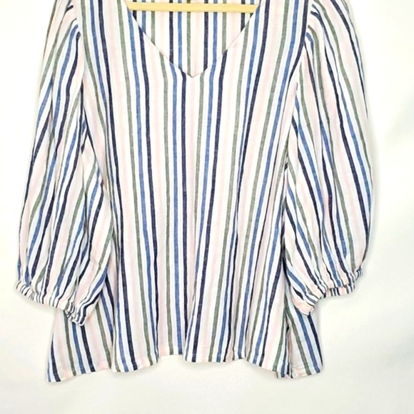 Caslon Linen Blend Striped Puff Sleeve Top Size XL V-Neck Popover Casual Coastal - Picture 4 of 12